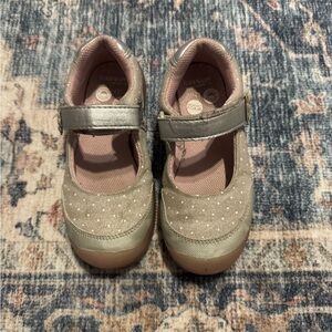 2/$10- Stride Rite Girls' Metallic Taupe Mary Jane Shoes with Pink Lining